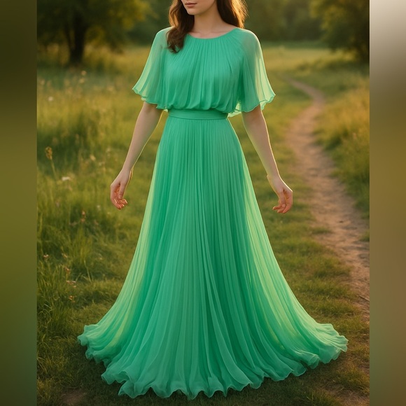 Vintage 70s Spring Green Pleated Chiffon Maxi Dress - Picture 1 of 8